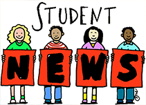 Cartoon students holding up a sign that says student news